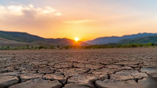 Cracked earth landscape under golden sunset sky arid environment dry season concept