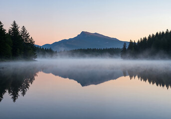 Fototapeta premium Tranquil Mountain Lake at Dawn with Misty Forest Reflections and Pastel Sunrise Sky in Serene Symmetrical Composition