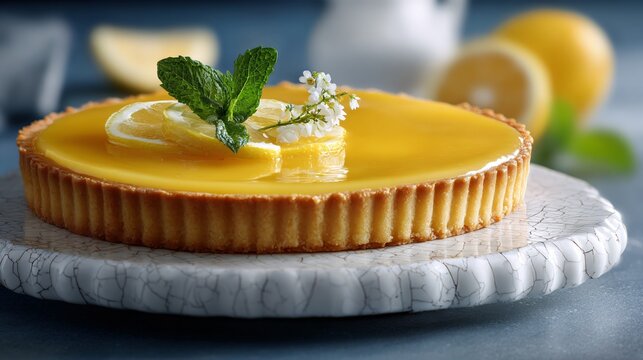 Summer lemon tart on cracked ceramic plate, bottom third, clean backdrop,