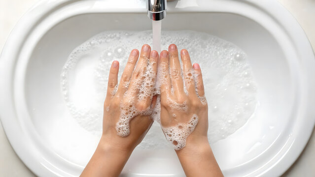 Washing hands with soap at a sink during a daily hygiene routine in a bathroom setting