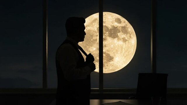 Silhouette of a man adjusting tie by moonlit window