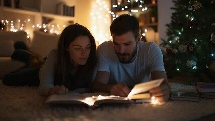 Couple reading books together in cozy home with warm festive lights at night