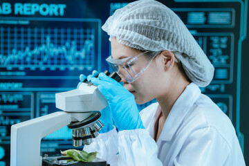 A food scientist conducts research and analysis in a laboratory, focusing on nutrition, safety, and...