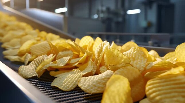 Crispy potato chips moving along conveyor belt in processing plant  