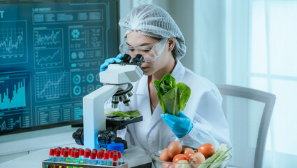 A food scientist conducts research and analysis in a laboratory, focusing on nutrition, safety, and...