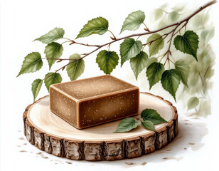 Illustration of handmade tar soap and birch branches.