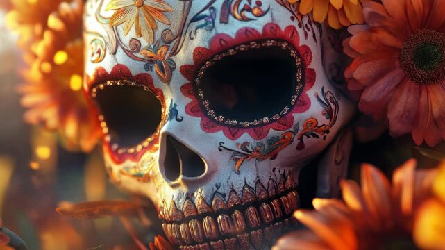 A skull with flowers on it. The flowers are orange. The skull is white
