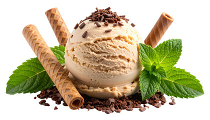 "Ice Cream with Waffle Sticks and Chocolate Pieces – Premium Dessert PNG"