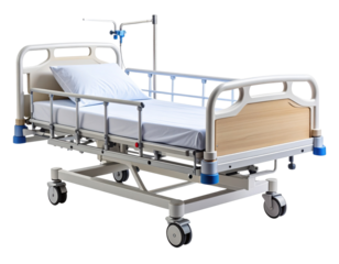 Side View of a Modern Hospital Bed with Rails and Wheels, Isolated on White