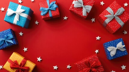 Fototapeta premium Bright and colorful wrapped presents peeking from bottom of red background, stars and ribbons scattered around