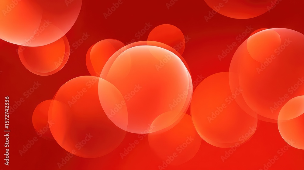 Poster bright red background with overlapping translucent geometric shapes and open center