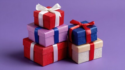 Fototapeta premium Three brightly wrapped gift boxes stacked on a solid purple background, perfect for festive or celebration themes.