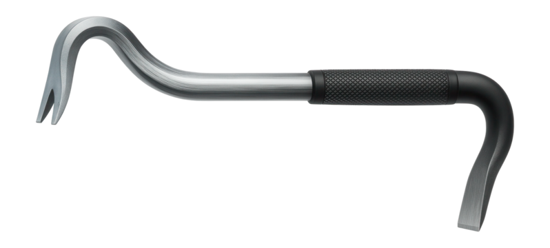Double-ended crowbar with a forked nail puller and a flat pry end for roofing tasks.