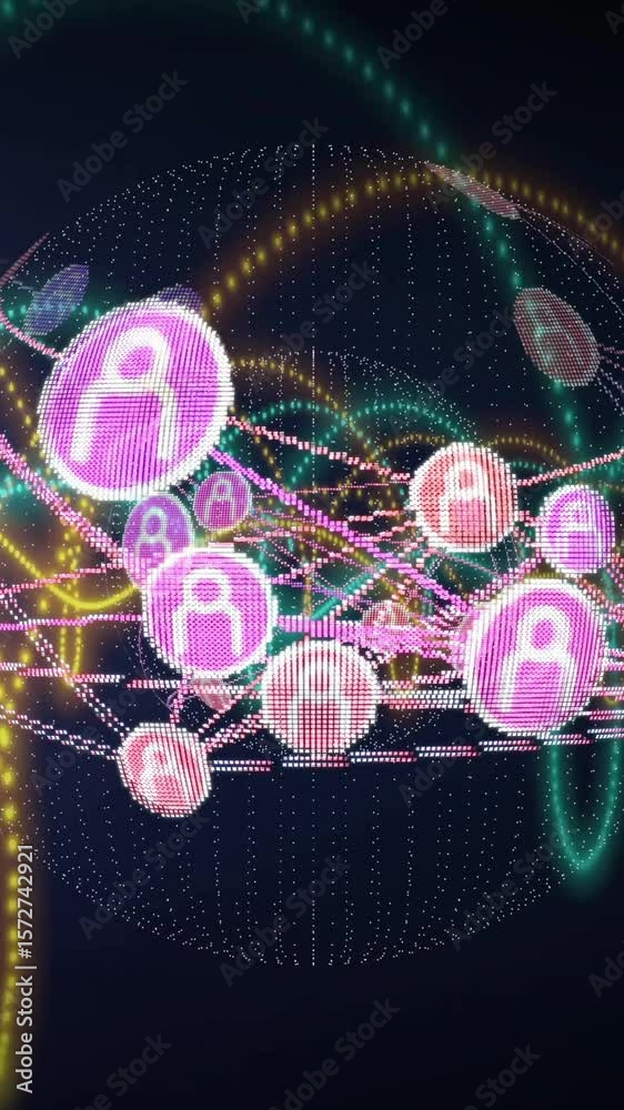 Poster animating network connections and data processing over colorful waveforms