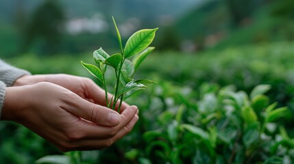 Hands carefully selecting fresh tea leaves in a lush plantation during the morning sunlight in a serene landscape