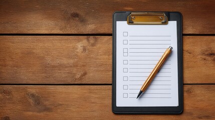 Fototapeta premium Clipboard with checklist and pen on table, symbolizing inspection or audit services, white space around