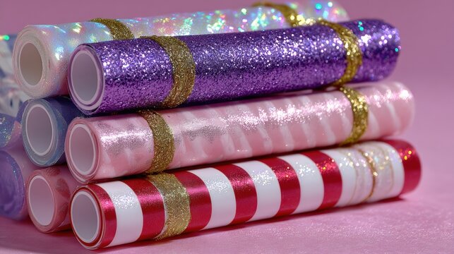 Close-up of stacked colorful wrapping paper rolls with varied patterns and textures on a white background.