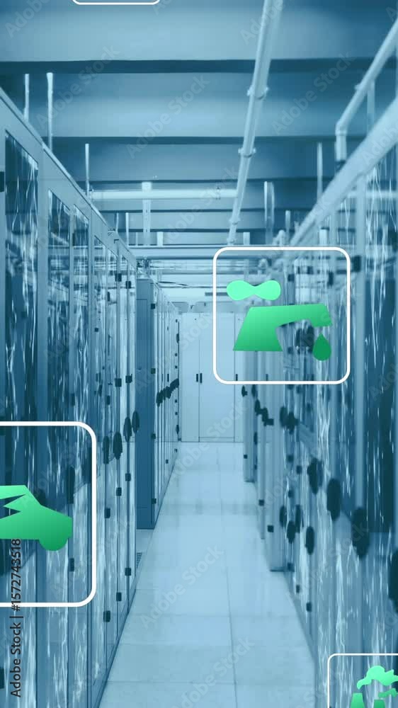 Poster animation of eco icons and data processing over computer servers