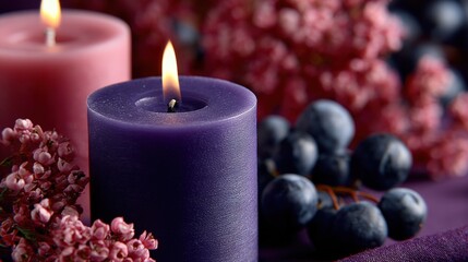 Purple candles surrounded by purple flowers and berries on a textured purple cloth, soft lighting.