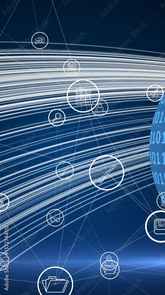 Wall mural animation of network of connections with digital icons over globe in background