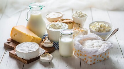 Fresh dairy products neatly arranged on a rustic wooden table in natural light