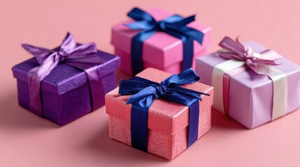 Three small gift boxes with colorful ribbons and bows on a pastel pink background, arranged neatly.