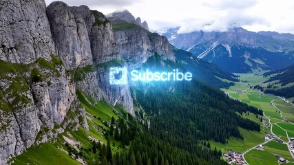 Beautiful aerial view of mountains and valleys with a subscribe button overlay
