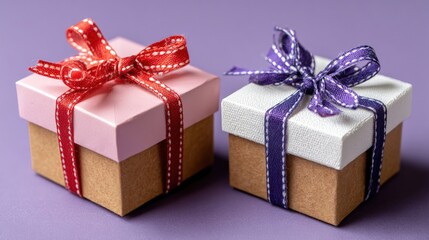 Two small gift boxes with bows and ribbons on a vibrant purple surface, studio-lit for commercial use.
