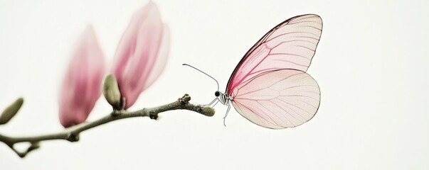 Delicate butterfly and magnolia blossoms