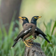 Naklejka premium A photograph of two Common Mynas perched gracefully on a weathered gray wooden stump