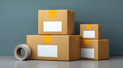 Obraz premium Delivery service concept with cardboard boxes, packing tape, and shipping labels, space around objects