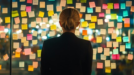 A businesswoman in a corporate office stands by a glass wall brainstorming with sticky notes during a meeting.