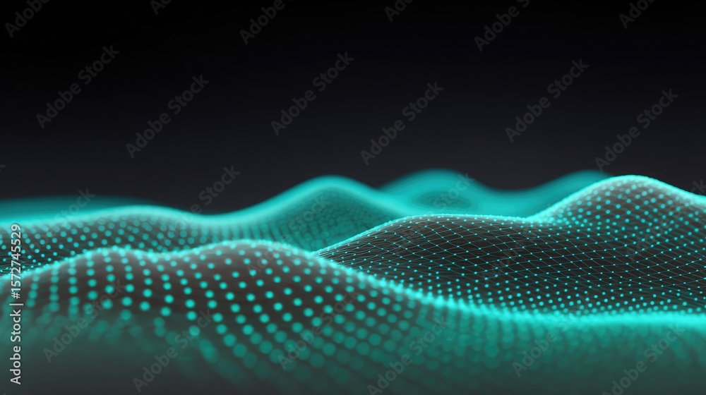 Poster digital wave grid with animated glowing points forming a smooth flowing surface over black backgroun