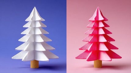 Two paper Christmas trees in white and green on a pink and blue gradient background, studio lit.
