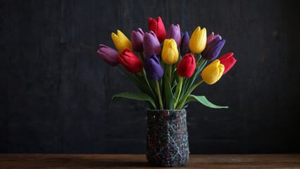A vibrant bouquet of red, yellow, and purple tulips arranged in a decorative vase sits on a wooden table against a dark background, creating an elegant and romantic still life