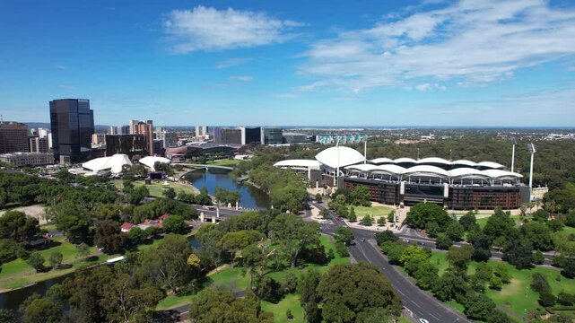 Aerial view of modern architecture with River Torrens, Australia.