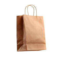 A plain brown kraft paper bag with handles floating mid air against a clean white background providing a neutral and minimalist product mockup for branding and advertising purposes