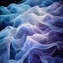 Fototapeta premium An abstract visualization of a deep, calm breath. Flowing, soft waves of light in pastel blue, white, and lavender move gently across a dark background. Ethereal and weightless.