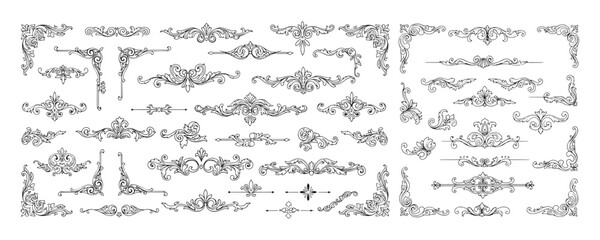Decorative horizontal floral elements Vector set, corners, borders, frame and cartouches. Historical and decorative style of Baroque. Hand drawn sketches, engraving style. Page decoration.