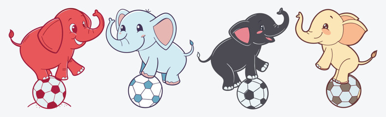 A cute colorful elephants balancing on soccer balls simple flat design vector.