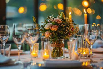Elegant table setting with beautiful flowers and candles in a restaurant in the evening 