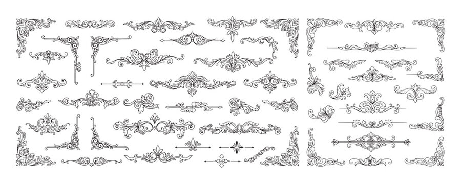 Naklejki Decorative horizontal floral elements Vector set, corners, borders, frame and cartouches. Historical and decorative style of Baroque. Hand drawn sketches, engraving style. Page decoration.