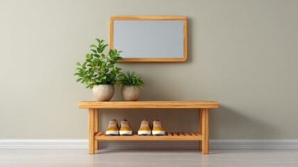 Entryway with shoe rack, mirror, and indoor plants, minimal and clean with open floor area