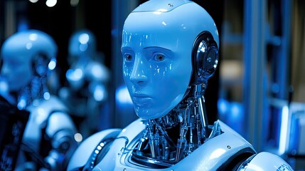 Close-up of a futuristic robot head and torso.  Advanced artificial intelligence and robotic technology