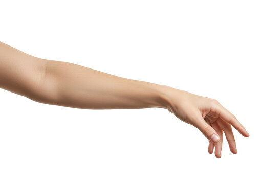A womans arm and hand reaching down with delicate fingers, isolated on a clean transparent background