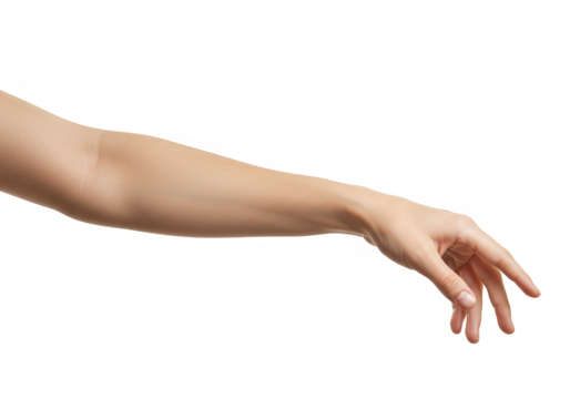 A womans arm and hand reaching down with delicate fingers, isolated on a clean transparent background