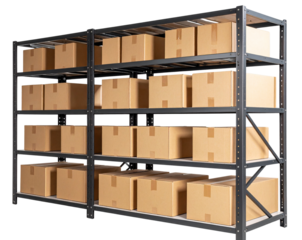 Neatly Stacked Cardboard Boxes on Warehouse Shelves Isolated on Transparent Background PNG