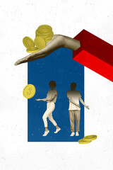 3D photo collage template artwork composite of hand hold coins man lady stand recession downwards...