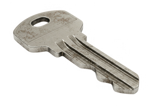 A simple metal key isolated on white, representing security, access, and the ability to unlock isolated on transparent background