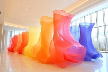Colorful, flowing abstract sculptures in a modern interior space